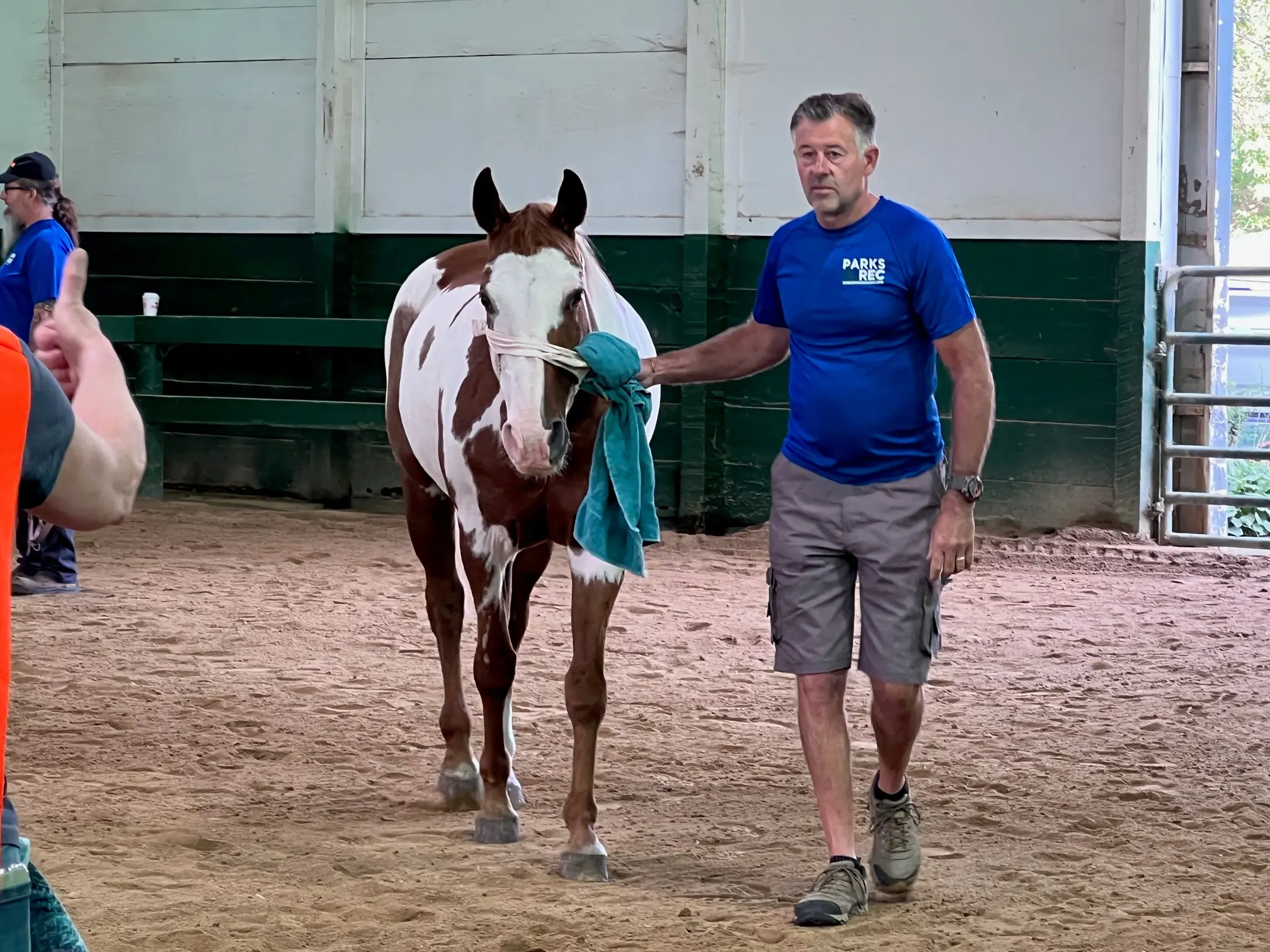 a person holding a horse with a towel around his neck