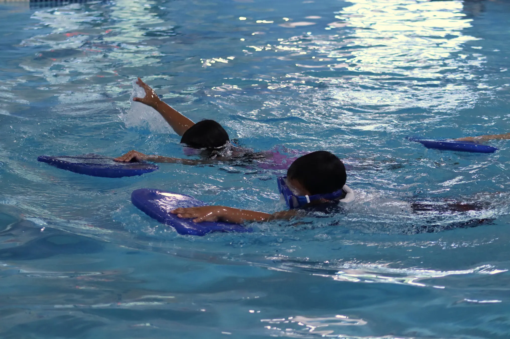 a group of kids swimming in a pool
