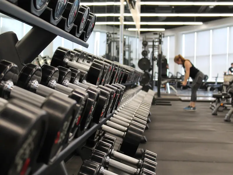 a group of weights in a gym