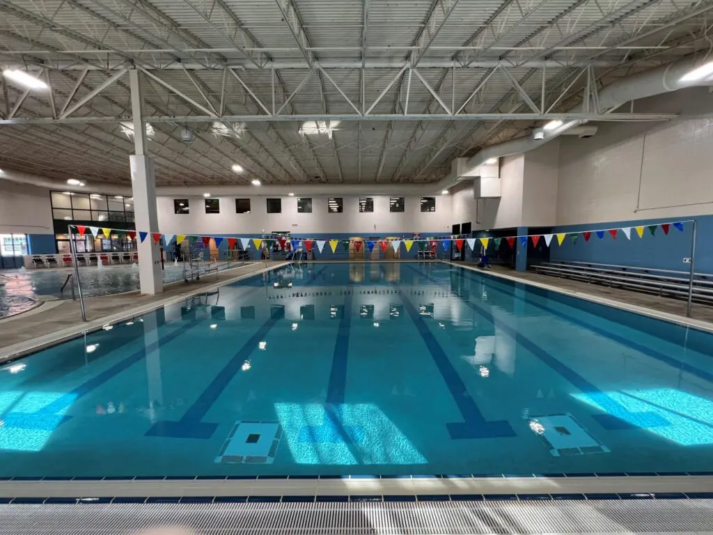 a swimming pool inside a building