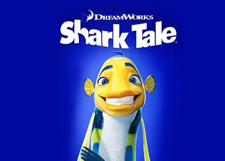 movie poster for Shark Tale with a CGI blue, yellow, white fish and title above it