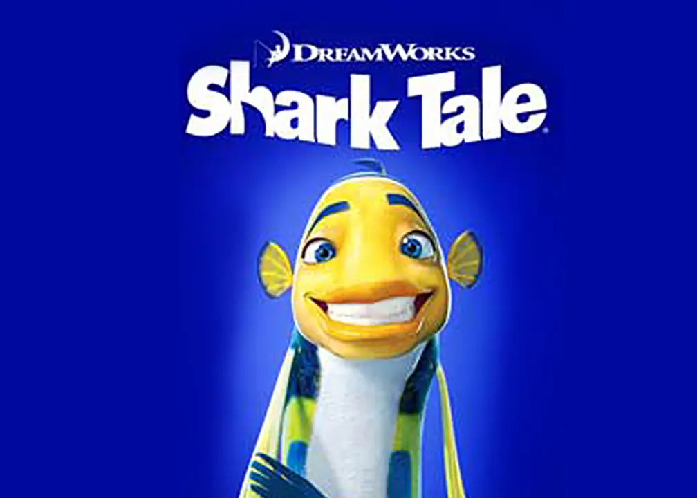 movie poster for Shark Tale with a CGI blue, yellow, white fish and title above it