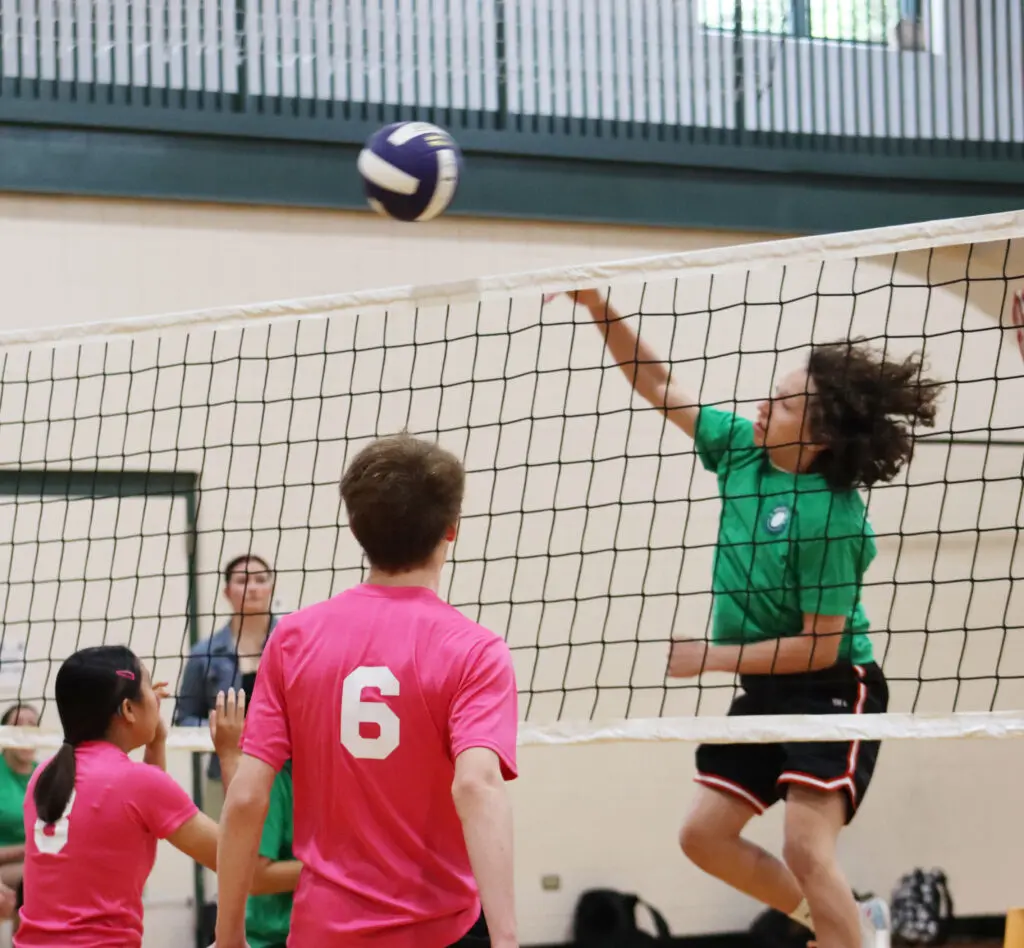 a group of people playing volleyball