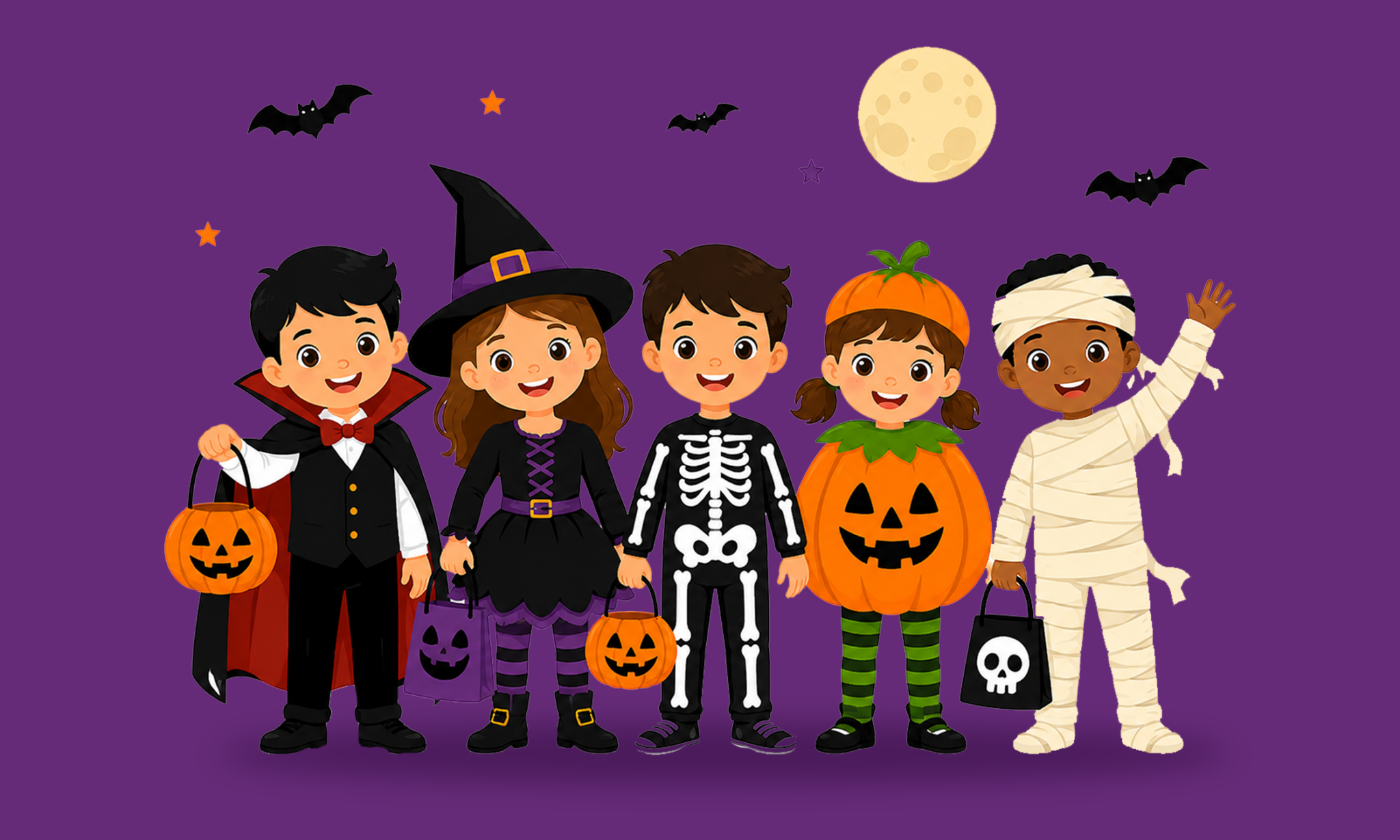 cartoon kids in halloween costume on a purple background