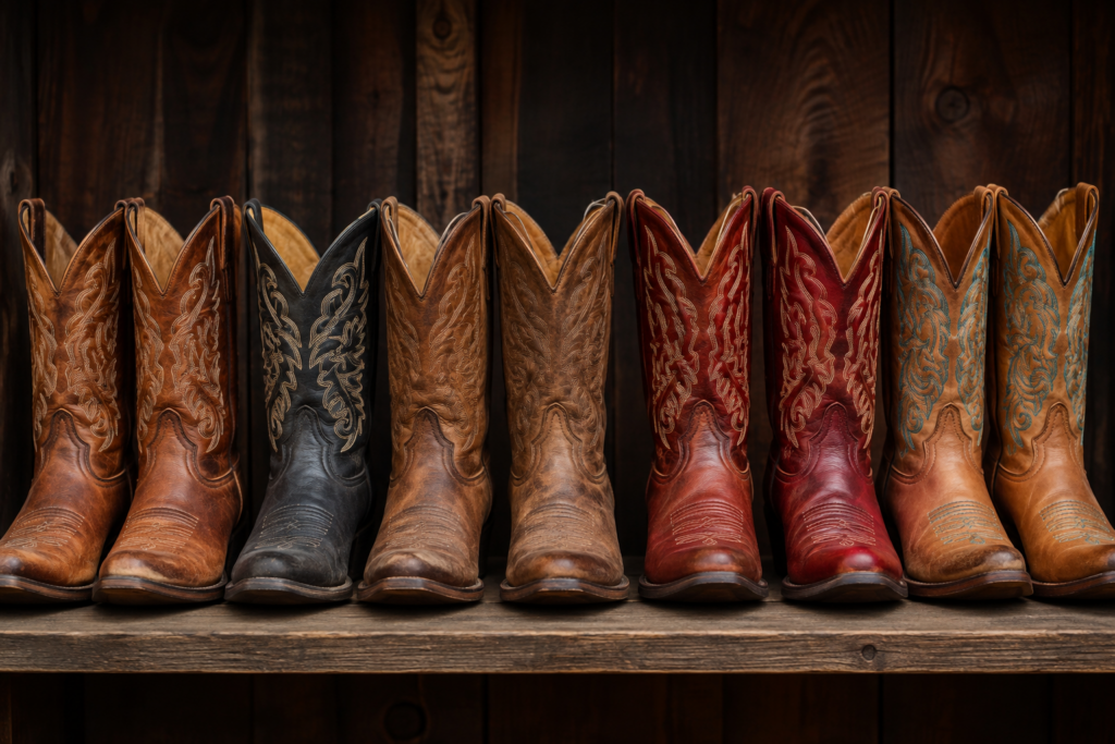 row of cowboys boots set against a barn wall