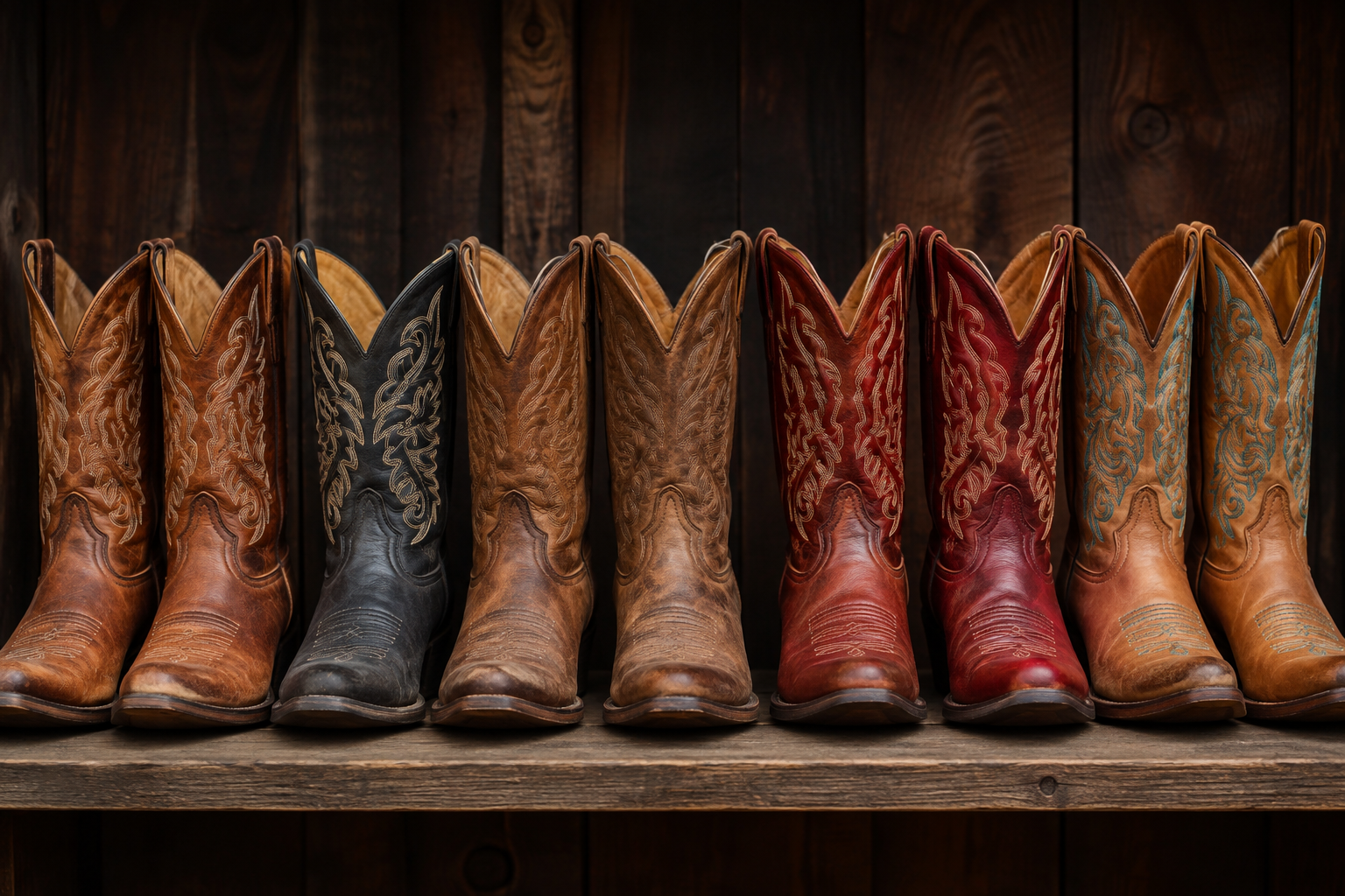 row of cowboys boots set against a barn wall