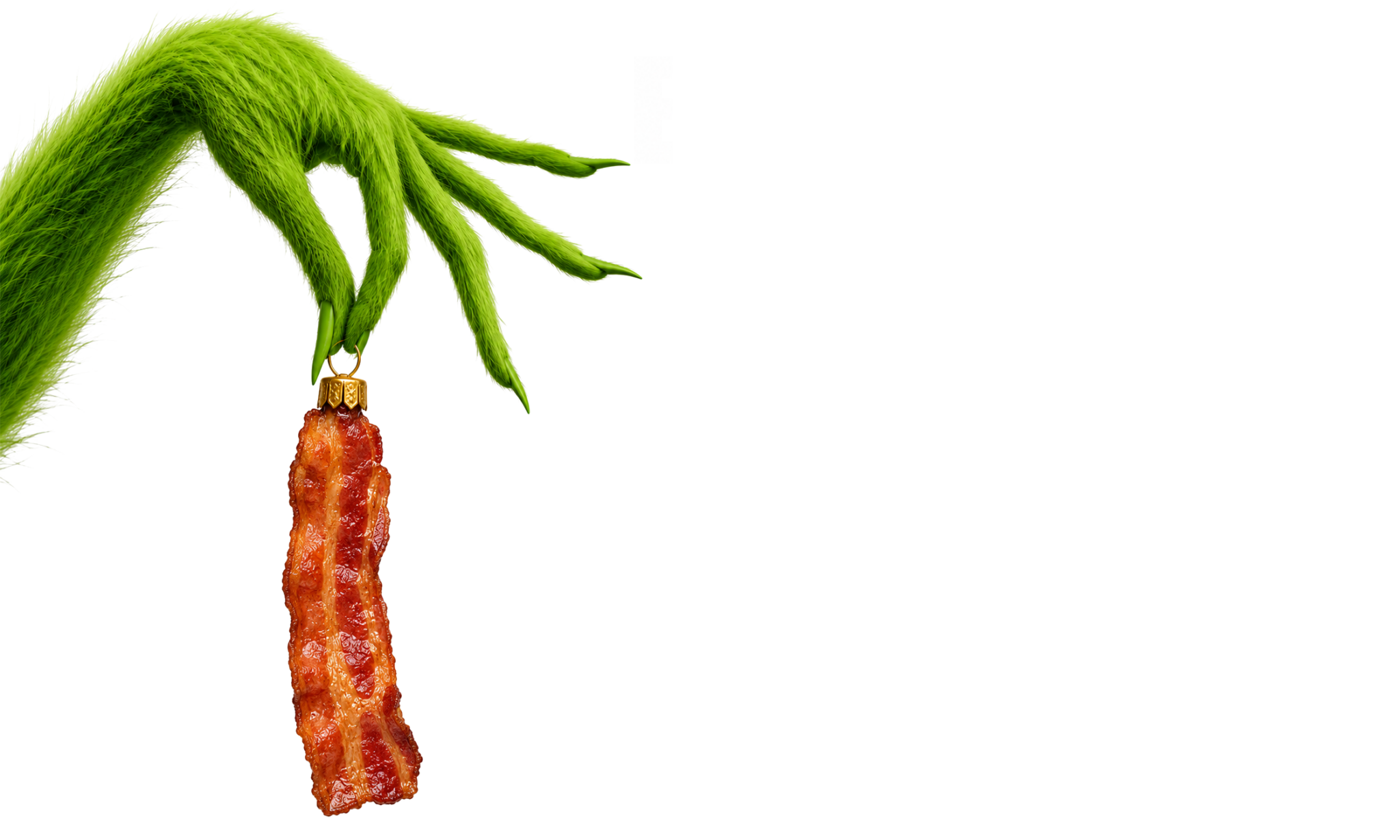 Grinch hand holding a bacon ornament.