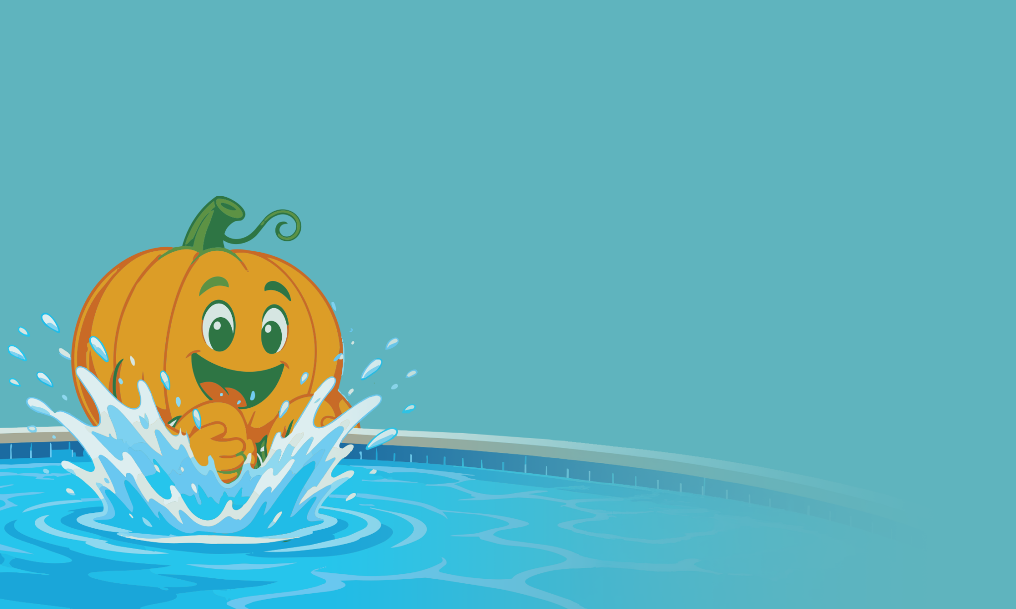 cartoon pumpkin doing a cannonball into a pool