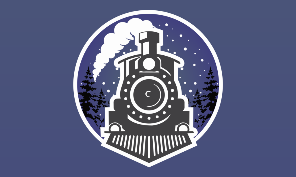 cartoon locomotive with snowy night in the background