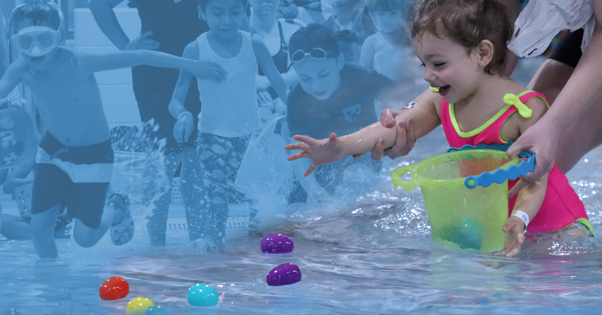 small girl in a pool picking up floating easter eggs