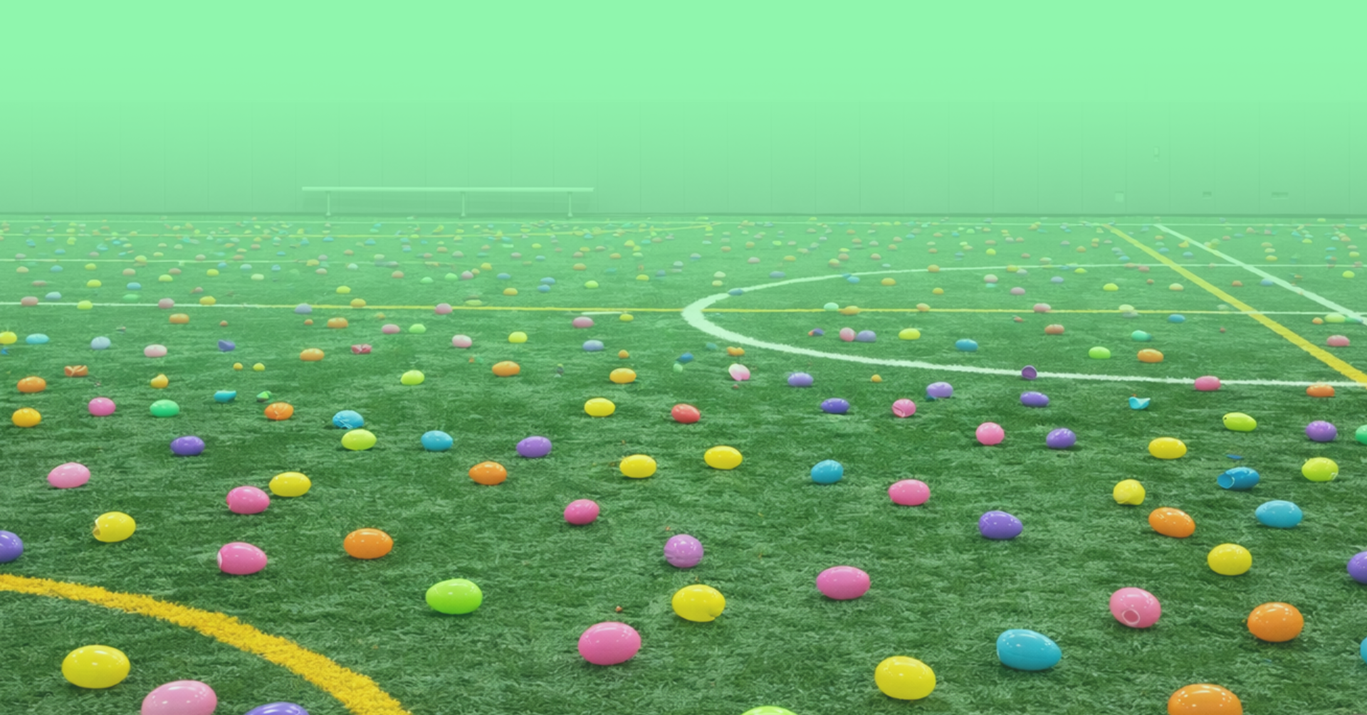 plastic easter eggs scattered across artificial field turf