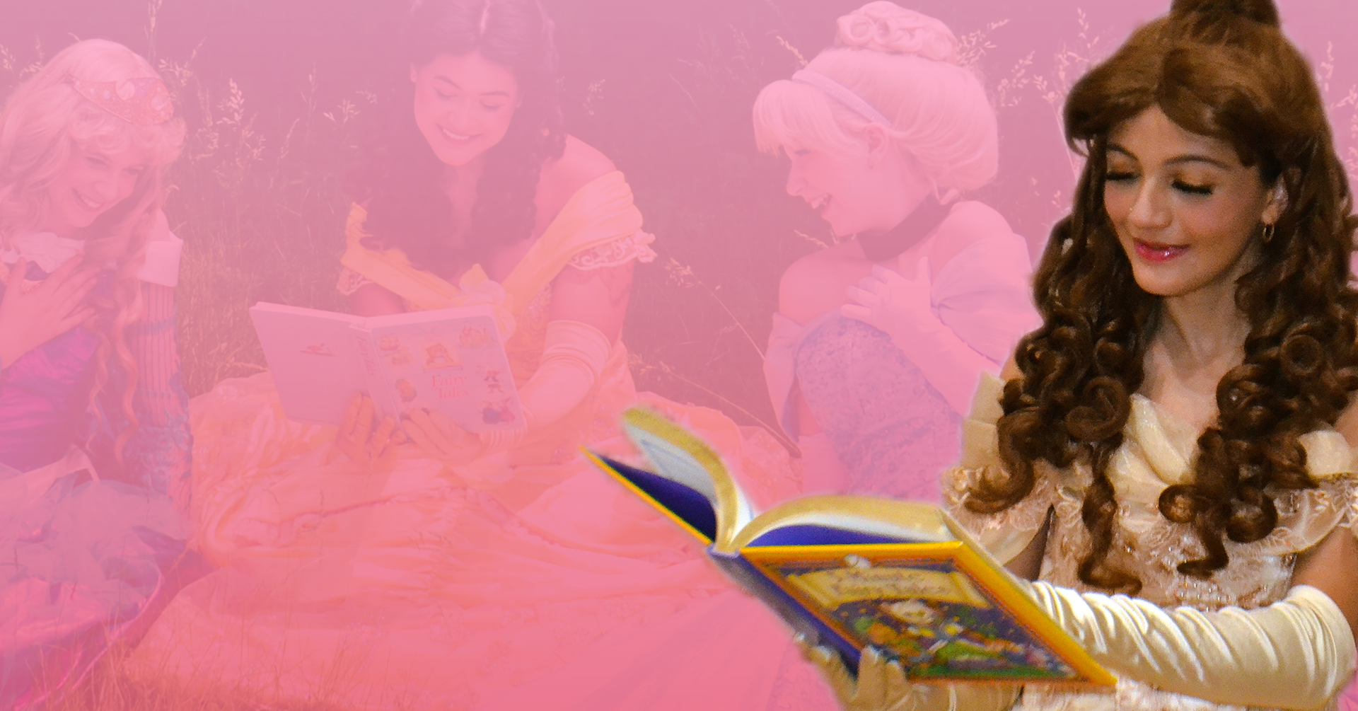 Brown-haired princess in a golden dress reading a book with a 3 princesses in the background behind a pink-hued backdrop.